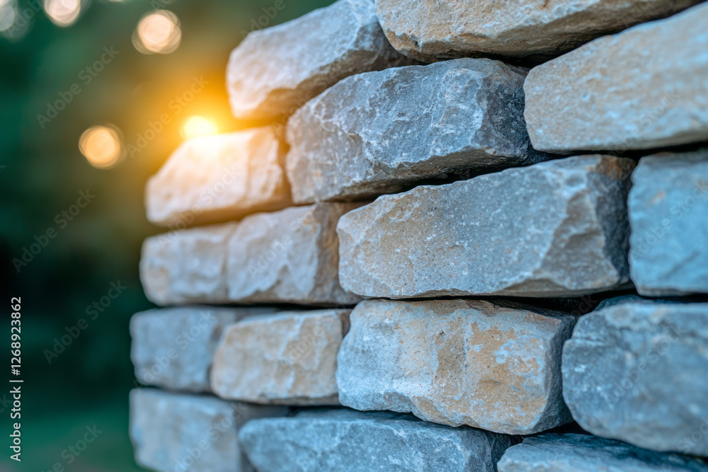 Poster a low-angle perspective focusing on the uneven stones of the wall, sunlit edges softly glowing in
