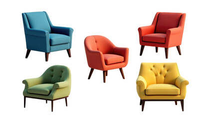 Fototapeta premium Collection of Colorful Modern Armchairs Retro Upholstered Seating Furniture