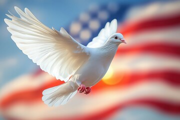 Fototapeta premium A flying dove against a blurred American flag backdrop. .
