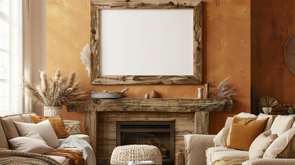 A rustic wooden frame mounted above a fireplace in a warm, rustic living room. HD 8K mockup wallpaper Photographic Image