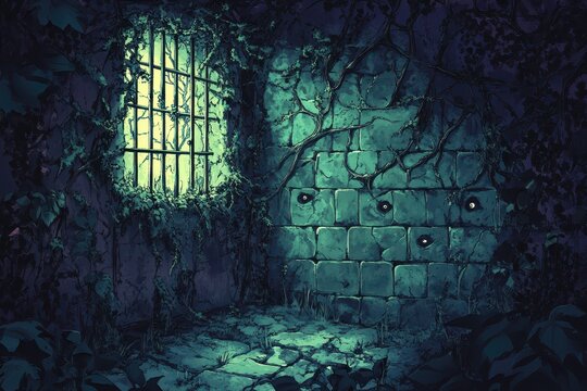 Overgrown prison cell with glowing window and hidden eyes