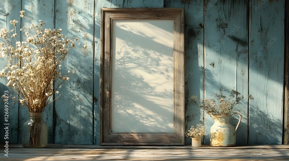 Poster cozy rustic vintage wooden frame with a beautiful arrangement of dried flowers in a vase on a wooden