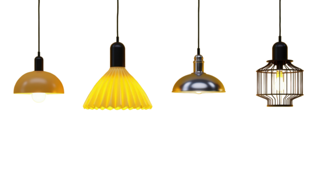 Four stylish modern pendant lights hanging against transparent background interior lighting design