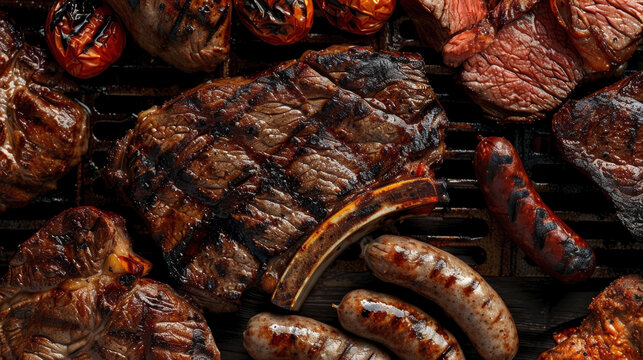 Close-up of Argentinian Parrillada with charred steaks, sausages, and morcilla.