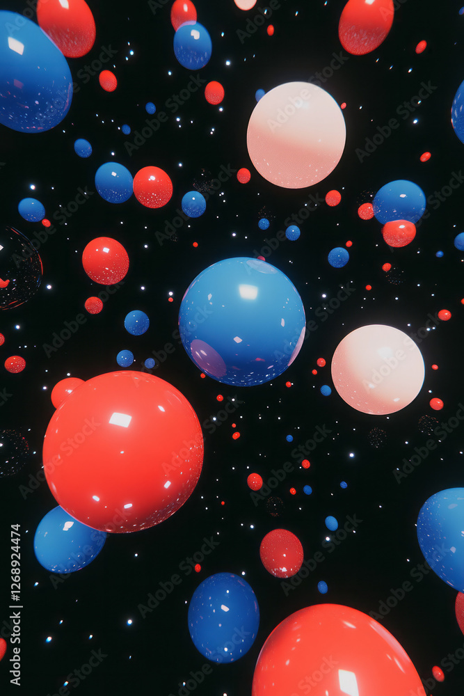 Poster a collection of neon blue and red energy spheres floating in a dark, futuristic void, their smooth