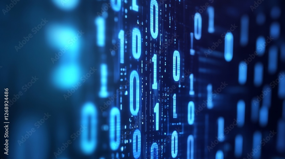 Poster abstract representation of binary code cascading down in a digital environment with blue tones