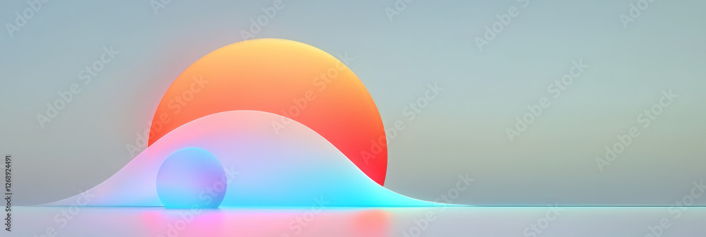 Poster a minimal composition of three glowing orbs orbiting each other, with gradients of neon blue and