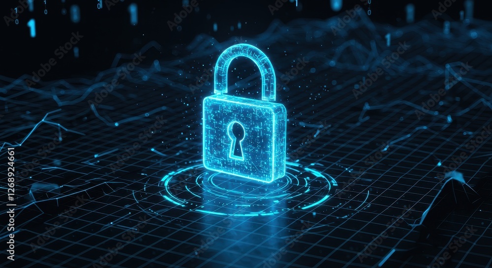 Poster a glowing holographic padlock floating in a high tech digital environment surrounded by neon blue li