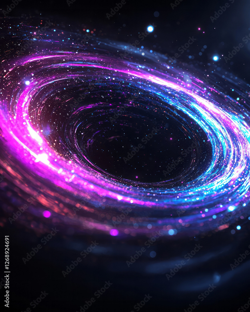 Poster an abstract cosmic background swirling with neon lights, dotted by small energy globes each pulsing