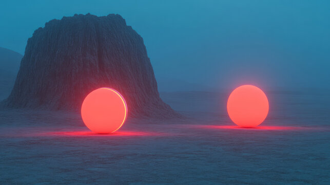 A half-lit environment where large, glossy spheres illuminate the scene, one half glowing with cool