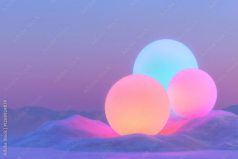 Aufkleber a minimal composition of three glowing orbs orbiting each other, with gradients of neon blue and