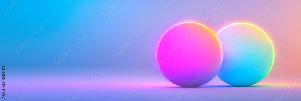 Poster a side-view angle of two overlapping spheres, their neon hues interacting to form a striking purple