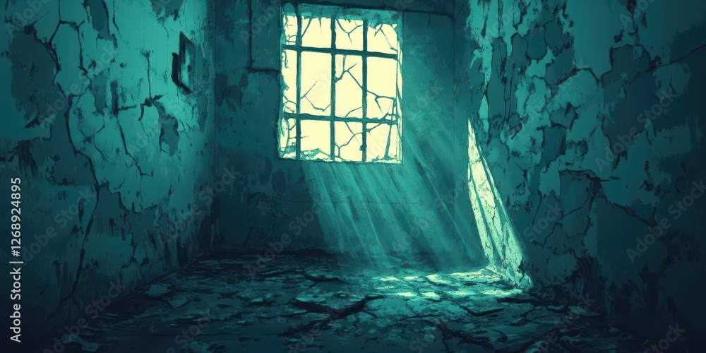 Poster Sunlight streams into a dilapidated room through a broken window