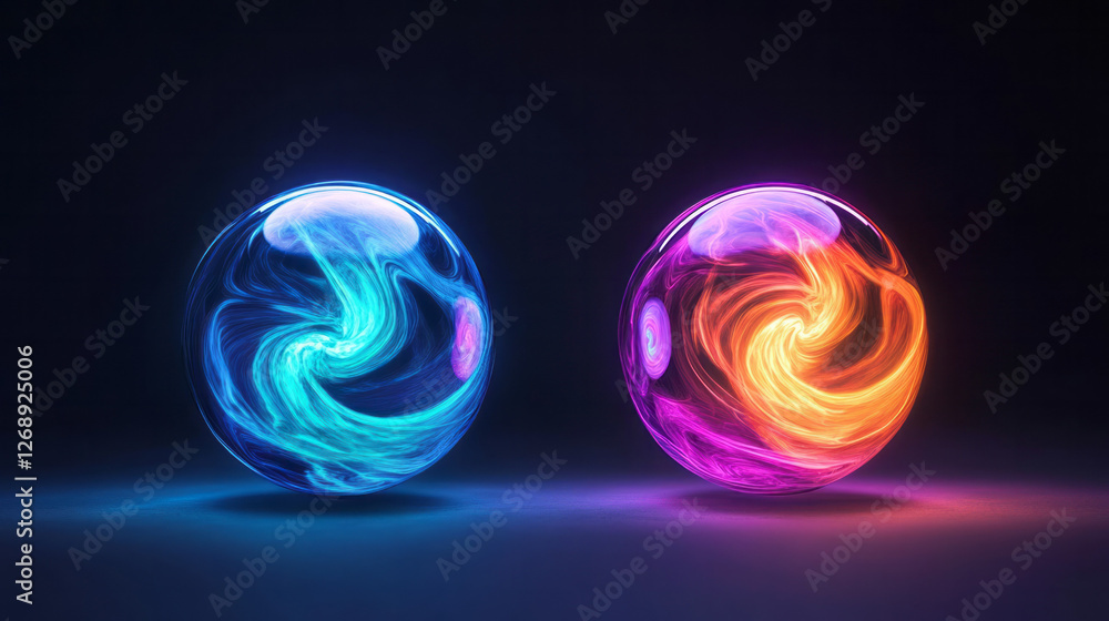 Poster a partially transparent sphere revealing swirling neon patterns inside, adjacent to another orb