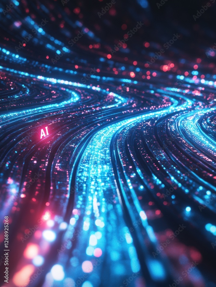 Poster Vibrant digital landscape with glowing lines representing artificial intelligence technology and data streaming at night. Generative AI