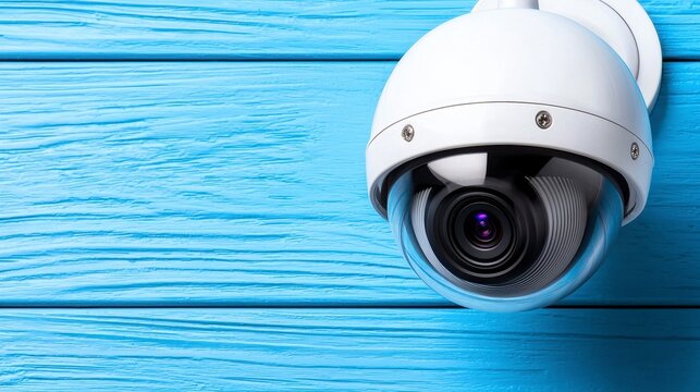 Camera mounted on wooden wall with dome security camera on textured blue surface