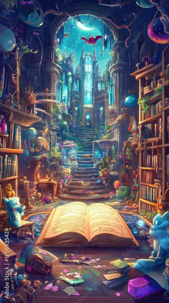 Poster magical library filled with enchanting books and mystical objects