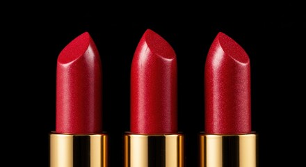 Obraz premium A close-up shot of three luxurious red lipsticks with shimmering finishes