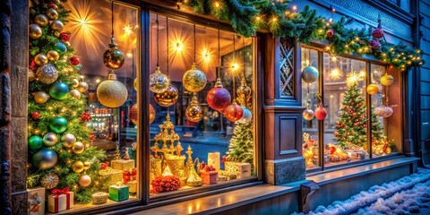 Fototapeta premium Festive Christmas Window Display: Sparkling Lights & Decorations