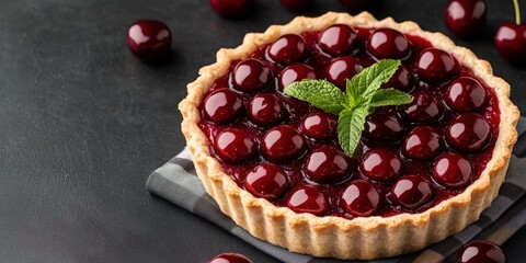 A bright and flavorful cherry tart. Delicious cherry tart garnished with mint on a dark background.
