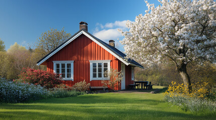 Obraz premium Springtime home surrounded by lush greenery and blooming trees, embodying serene natural beauty.
