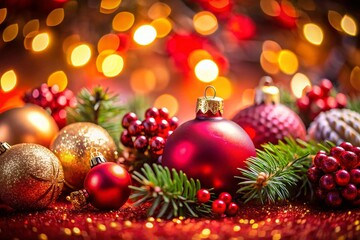 Festive Decorations Blurred Red Background - Holiday Season Stock Photo