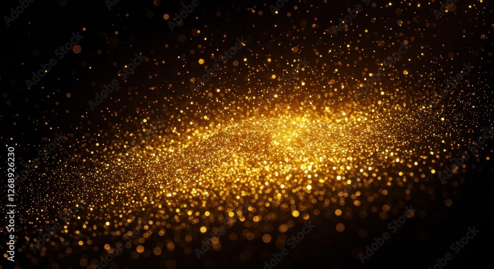 Poster a close-up of vibrant golden glitter and light particles sparkling dynamically against a dark backgr