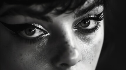 Naklejka premium A black and white portrait of a woman's face. She has dark hair and light eyes, and she is wearing a black eyeliner.