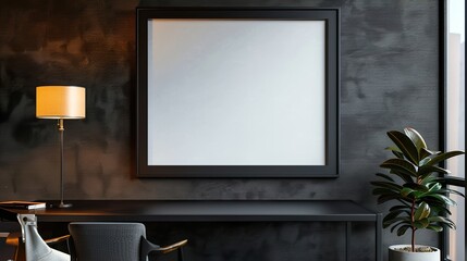 A simple black frame on a charcoal wall in a modern office setup with a desk and lamp.   HD 8K mockup wallpaper Photographic Image