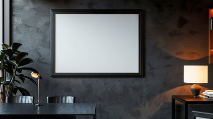 A simple black frame on a charcoal wall in a modern office setup with a desk and lamp.   HD 8K mockup wallpaper Photographic Image