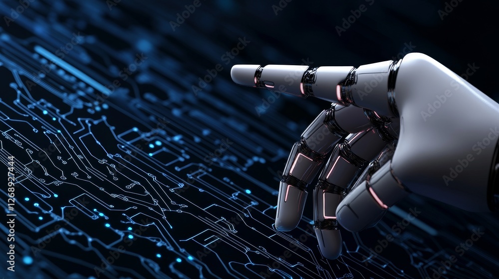 Aufkleber robotic hand interacting with a digital circuit board in a futuristic technology setting