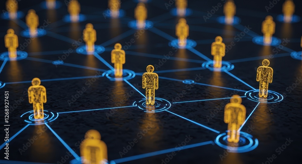Poster an abstract visualization of a digital network with golden humanoid figures connected by glowing blu
