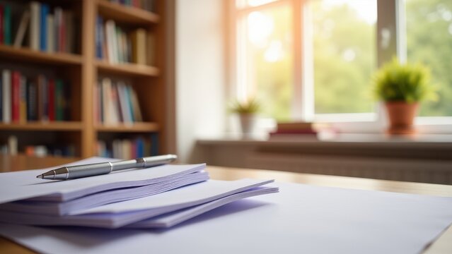 Parent signing papers, Home study area window stack of papers pen in motion photorealistic.