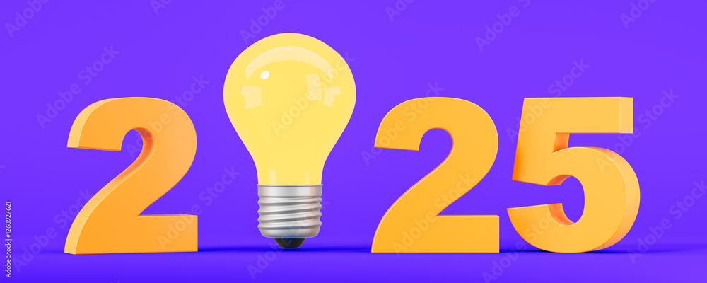 Poster 2025 in bold yellow numbers with a lightbulb replacing the zero on a purple background, symbolizing 