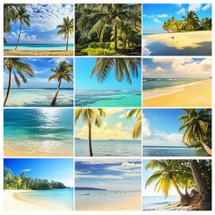 Obraz premium Stunning Tropical Beach Collage with Sunset, Palm Trees, and Crystal Clear Ocean – Ideal for Travel Blogs, Vacation Wallpapers, and Summer Inspiration, collage of tropical beach in thailand