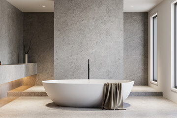 Minimalist bathroom interior with modern freestanding bathtub in gray stone setting. 3D Rendering