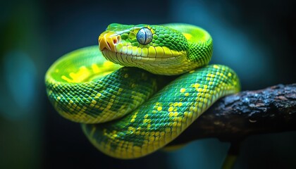 Fototapeta premium Bright green snake coiled on a branch, its vibrant scales standing out against a dark, blurred background