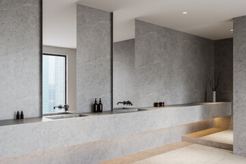 Modern minimalist bathroom design with sleek concrete finishes. 3D Rendering