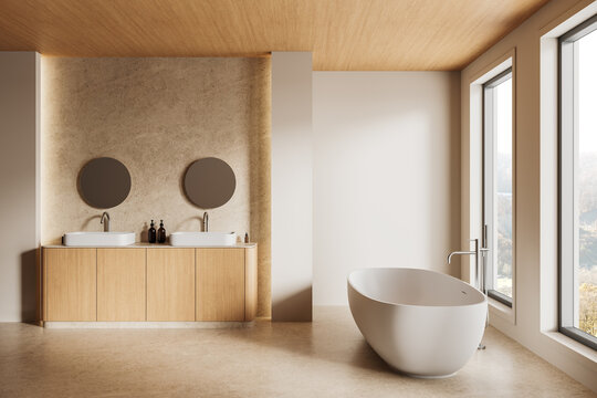 Modern bathroom interior with wooden accents and large windows. 3D Rendering - Powered by Adobe
