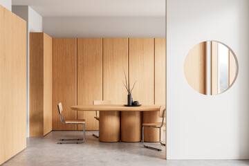 Modern dining room with minimalist wooden interior design. 3D Rendering