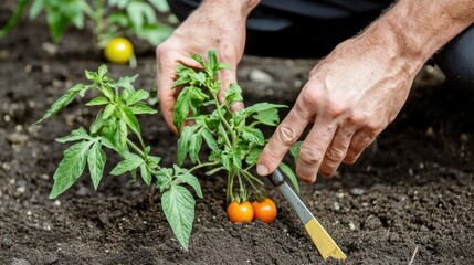 A lush vegetable garden with ripe red tomatoes hanging on green vines under the warm sunlight.