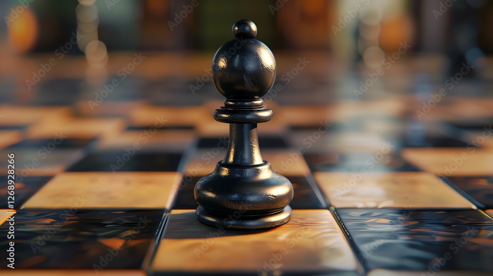 Poster 3d rendering of a black chess pawn on a chessboard. the pawn is in the foreground and is in focus.