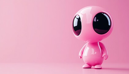 Cute pink alien with large black eyes, standing in a minimalist pink environment, playful and charming
