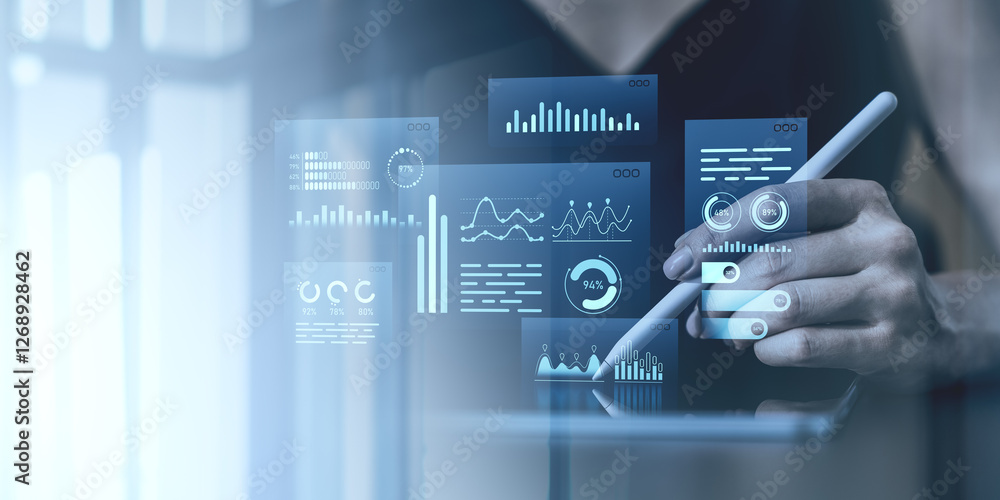 Poster interactive digital analytics interface with data visualization charts and a hand using a stylus in 