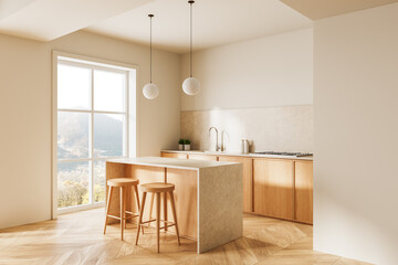 Modern minimalist kitchen with wooden cabinets and light marble island. 3D Rendering