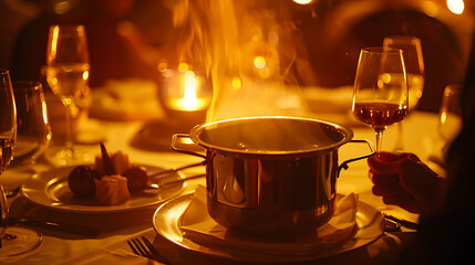 A pot is being served at a restaurant table under gentle yellow lighting