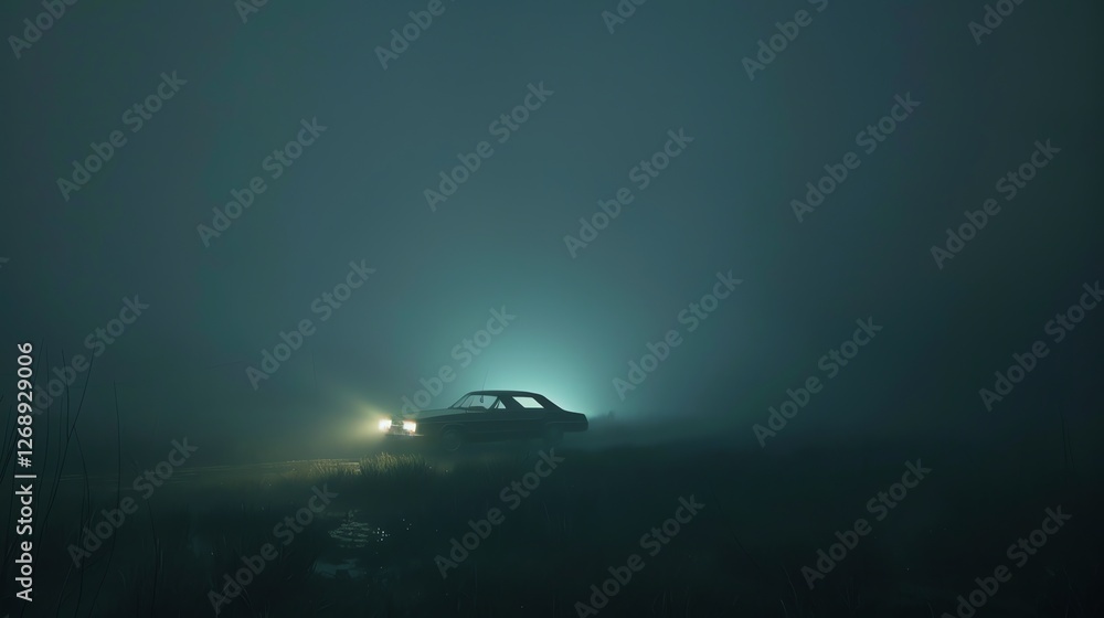 Poster the image is a dark and foggy landscape with a car driving through it. the headlights of the car are