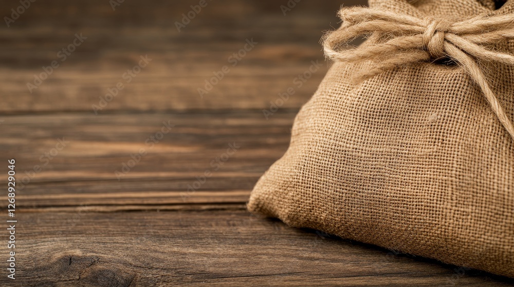 Poster a rustic burlap bag tied with twine resting on a weathered wooden table in a cozy setting