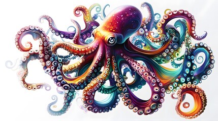 Obraz premium Vibrant Rainbow Octopus Psychedelic Cephalopod Ocean Life Art Underwater Surrealism