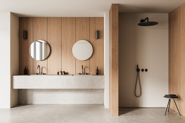 Minimalist bathroom interior with dual round mirrors and wood-panel walls. 3D Rendering
